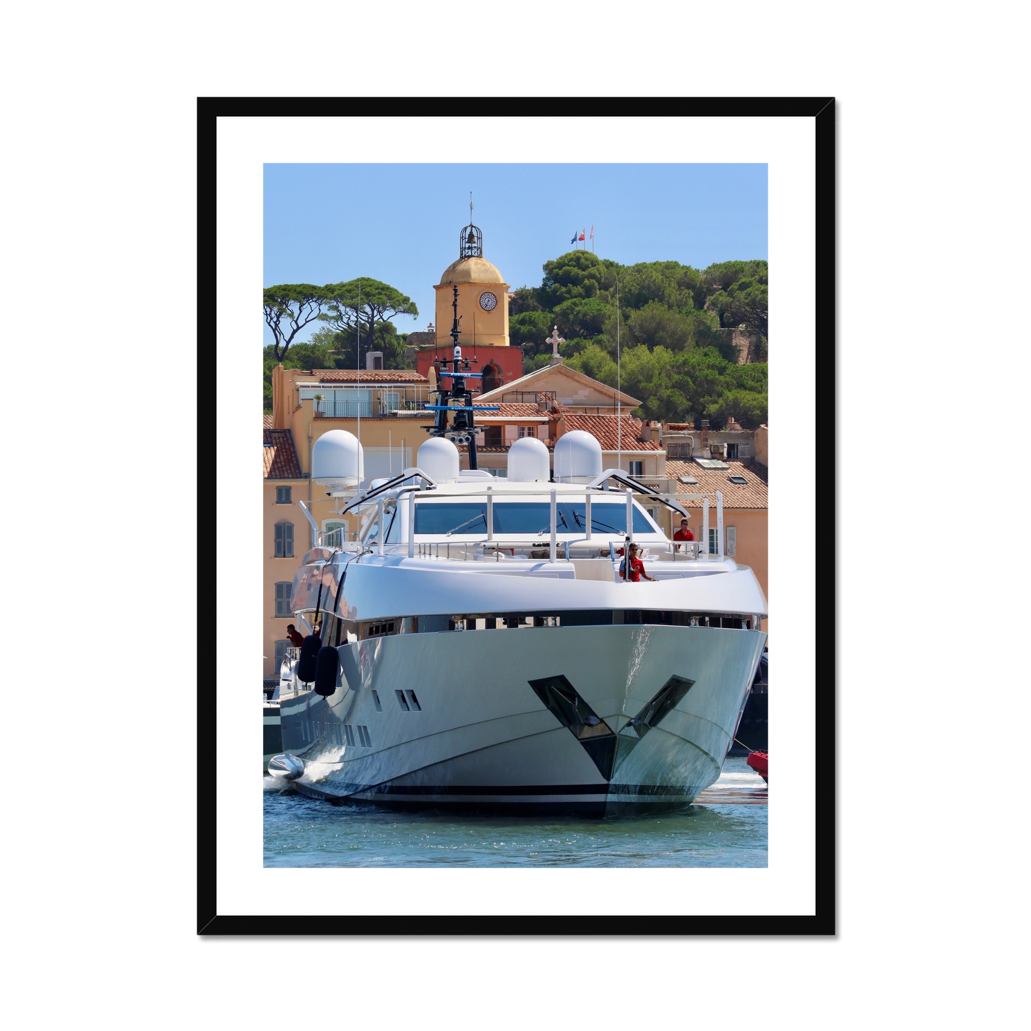 South of France Photos framed print - Saint Tropez bell tower with superyacht